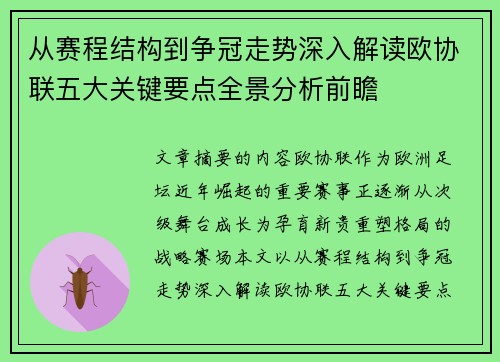 从赛程结构到争冠走势深入解读欧协联五大关键要点全景分析前瞻